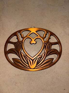 Vintage 1991 ODI Copper Finish Cast Iron Heart and Tulips Trivet Wall Decor